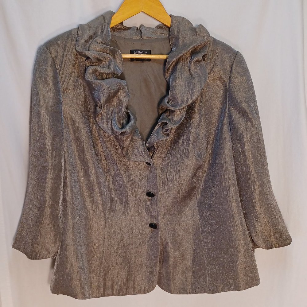 Adrianna Papell Women's 16w Puff Ruffle Collar Silver Shimmer Satin Blazer